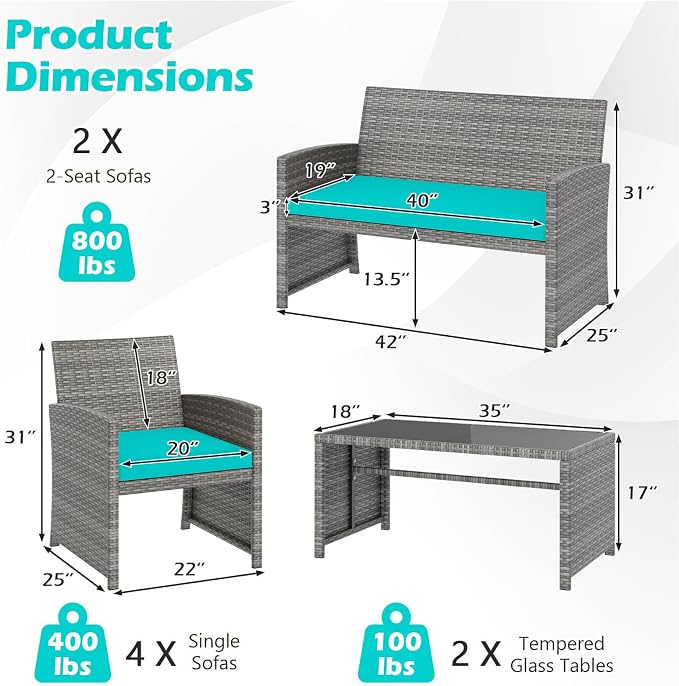 RELAX4LIFE 8-Piece Patio Furniture Set - Wicker Rattan Outdoor Sectional Sofa Set w/Glass Coffee Table, Loveseat, Chairs & Soft Cushions, Bistro Conversation for Garden Porch (2, Grey-Turquoise)