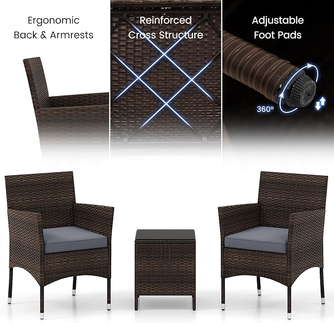 Tangkula 3 Pieces Patio Rattan Furniture Set, Outdoor Conversation Set with PE Wicker Armchairs, Tempered Glass Top Coffee Table, Soft Removable Cushions, for Porch Garden Yard Balcony (Grey)