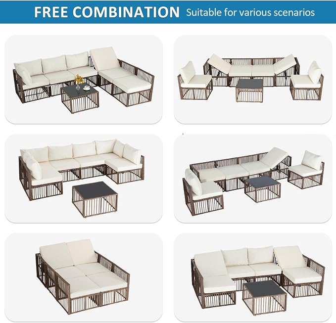 FHFO 7 Piece Outdoor Wicker Patio Furniture Set, Brown/Beige | Sectional Sofa | All-Weather Hand-Woven Rattan | Tempered Glass Coffee Table | Adjustable Backrest | Indoor & Outdoor Use