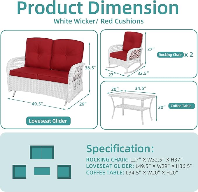 MEETWARM 4 Pieces Outdoor Wicker Patio Conversation Sets with Glider Loveseat, 2 Chairs with Coffee Table Wicker Rocking Chair Set, Patio Furniture Set with Thickened Cushions, White/Red