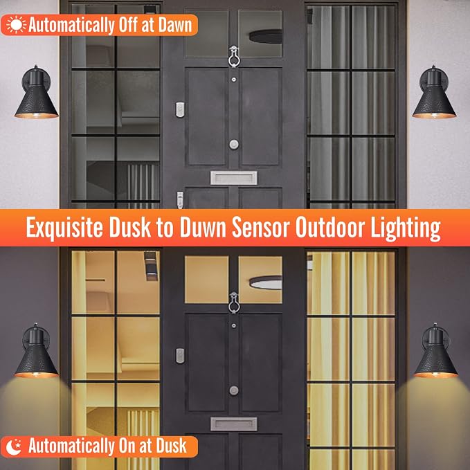 2 Pack Dusk to Dawn Outdoor Wall Sconces, Exterior Farmhouse Barn Light, Vintage Black Outside Wall Lighting Fixture with Hammered Shade, Anti-Rust Waterproof Outdoor Light for House Porch Garage