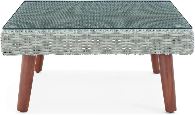 Alaterre Furniture Albany All-Weather Wicker Outdoor Gray 29" Square Coffee Table with Glass Top, brown