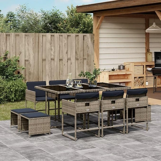 11 Piece Garden Dining Set with Cushions Grey Poly Rattan Outdoor Patio Furniture Table and 6 Chairs with Foldable Backrest, UV Resistant Tempered Glass Top, Space Saving for Backyard