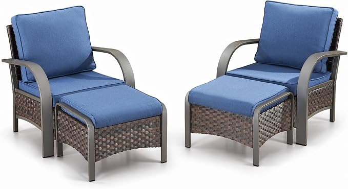 Belord 4 Pieces Wicker Patio Furniture Set Outdoor Patio Chairs with Ottomans All Weather Rattan Outdoor High Back Deep Seating Furniture for Porch Deck Sunroom Backyard
