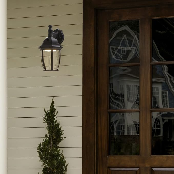 Maxxima LED Black Outdoor Wall Light, 580 Lumens 3000K, Dusk to Dawn Sensor | Clear Water Glass, Warm White, Photocell Sensor, Exterior Patio or Porch Sconce Fixture