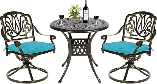 MEETWARM 3-Piece Outdoor Patio Dining Set, All-Weather Cast Aluminum Patio Conversation Set for Backyard Garden Deck with 2 Cushions Swivel Rocker Chairs and 31" Round Table, Umbrella Hole, Ocean Blue