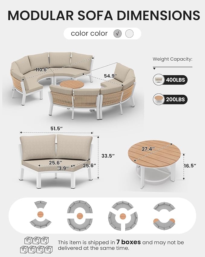 Half Moon Outdoor Patio Furniture Set, Aluminum Curved Patio Conversation Sets, Luxury Outdoor Sectional with PE Rope, All-Weather 7 Pcs Outdoor Couch with Coffee Table & Cushions, White