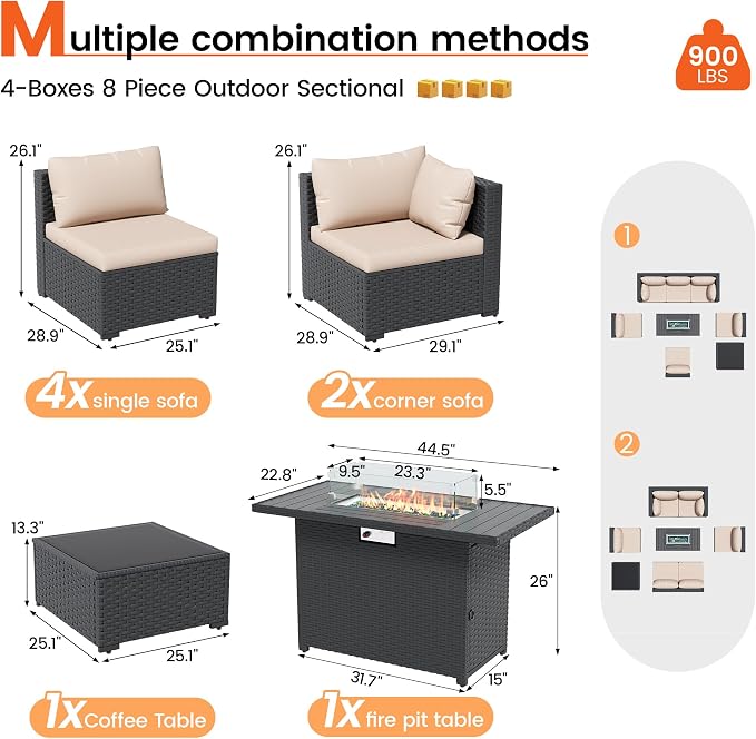 8 Piece Patio Furniture Set with 43" Fire Pit Table, Outdoor Sectional Wicker Rattan Sofa Set with Coffee Table (Beige/Black)