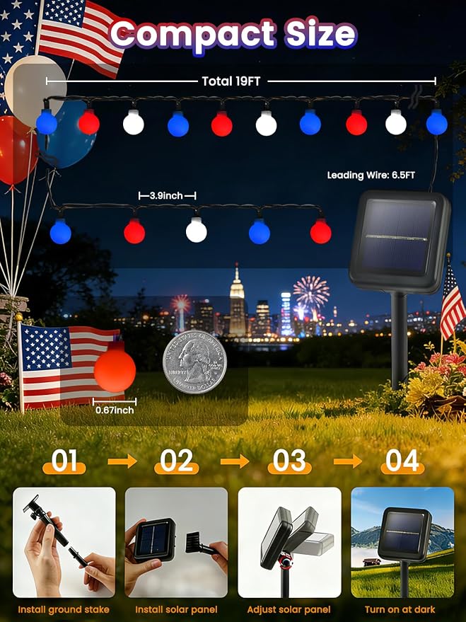 2-Pack 80 LED 39FT Red White and Blue Solar Globe String Lights Outdoor | LED Patriotic Lights, Waterproof, Solar American Flag Lights, 8 Modes 4th of July Decorations for Independence Memorial Day