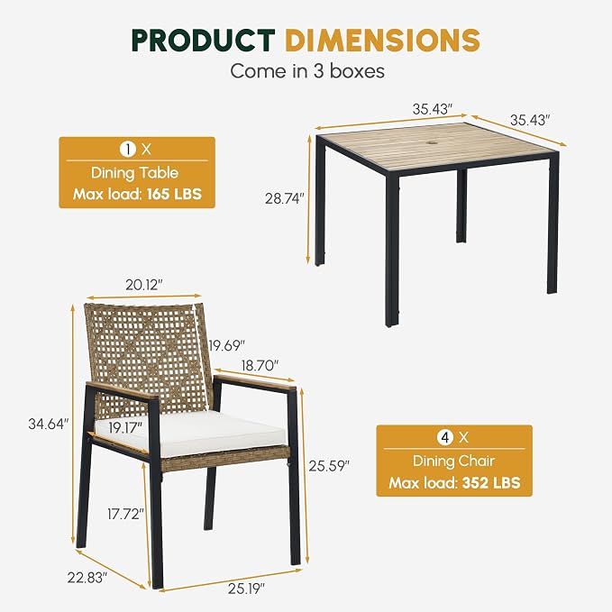 BEEFURNI Wicker Patio Furniture Dining Set, Outdoor Patio Table and Chairs Set, Rattan Outdoor Furniture Set, Acacia Wood Table, Chairs, Weather Proof Set for Porch, Backyard (Brown) (Brown, 5 PCS)