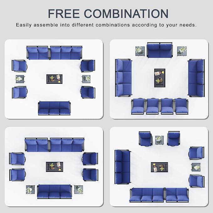10 Pieces Patio Furniture Set, Metal Outdoor Conversation Sets with Swivel Chairs, Modern Couch Sofa Seating Group with Coffee Table and Side Table (Thick Blue Cushions)
