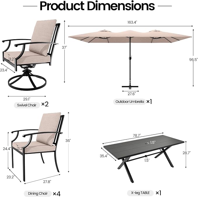 8 PCS Outdoor Patio Dining Set with 13.6ft Double-Sided Patio Umbrella,Patio Table and Chairs Metal Outdoor Patio Furniture Set,Dining Table Set with Swivel Chairs,Brown