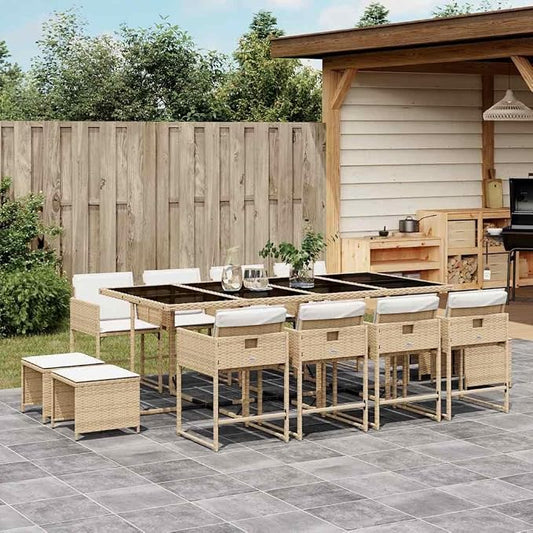 13 Piece Patio Dining Set with Cushions Beige Poly Rattan Outdoor Dining Table and 8 Chairs with Foldable Backrests Tempered Glass Top UV Proof for Garden Backyard
