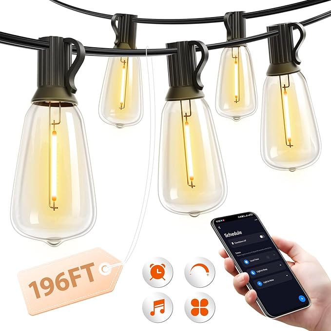 addlon 196(49FT*4) Outdoor String Lights with APP LED Edison Waterproof | Plastic ST38 Shatterproof Bulbs, Smart Extra Long Lighting, Hanging for Patio Outside Backyard Pergola Bistro Porch Garden