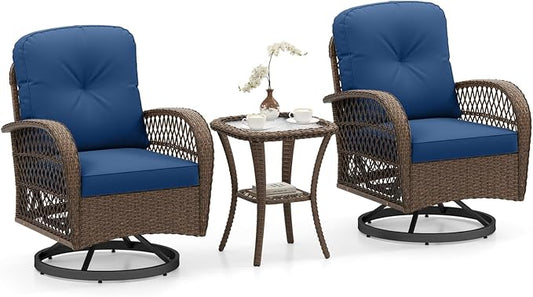ORALNER 3 Pieces Wicker 360° Swivel Rocker Set Patio Furniture, Rocking Chairs with Cushions, Tempered Glass Coffee Table, Outdoor Rattan Bistro Set for Balcony Front Porch Deck Poolside (Navy)