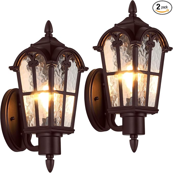 16’’ Large Outdoor Wall Light Fixtures, Exterior Wall Lantern Sconces | Waterproof, Rust-resistant, Matte Brown, Water Ripple Glass, Quick & Easy Installation, Retro & Traditional