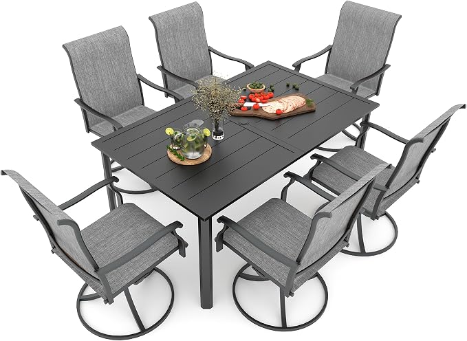Patio Dining Set, Outdoor 29" Heigh Rectangle Table Grey Swivel Chairs Sty1 | 63"x38" Metal Table, 29" Heigh Table Top,All Weather; 6 Piece Swivel Chairs: High Back,Retro Armrest,Textilene Fabric,Rocking