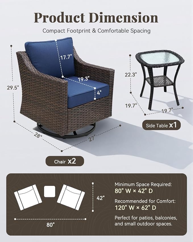 Patio Furniture Set 3 Pieces Luxury Outdoor Bistro with Swivel Rocker Chairs and Side Table, Easy Assembly Conversation Set for Porch Deck Balcony Yard in Brown Wicker and Blue Cushions