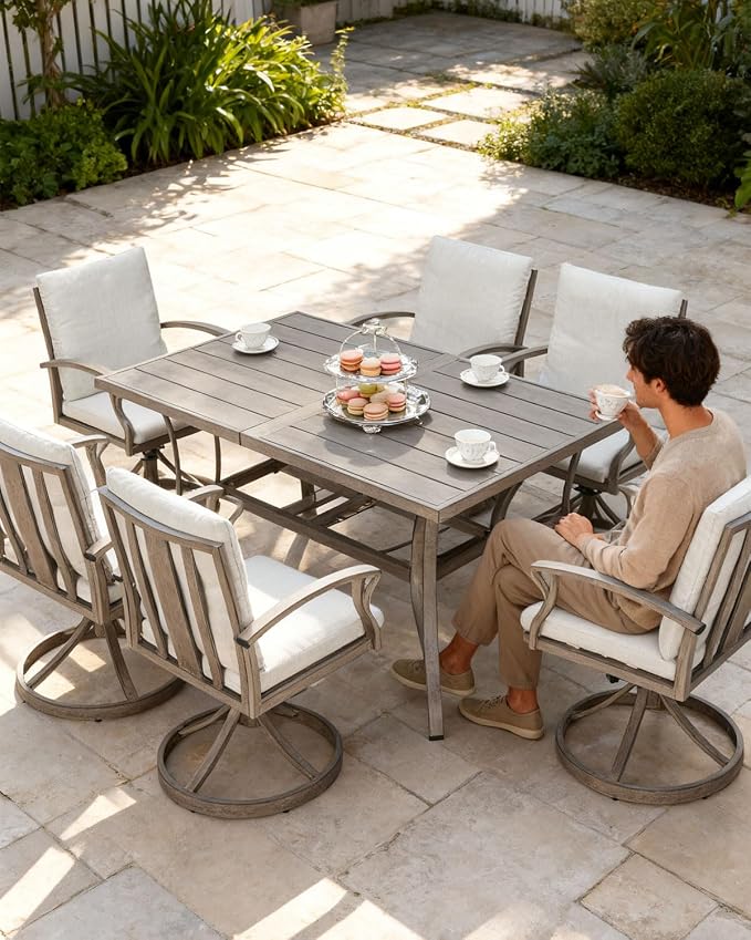 Swivel Patio Dining Chairs Set of 2, Never-Rust Aluminum Outdoor Swivel Rocking Dining Chairs with Cushions, Outdoor Dining Set Patio Furniture Set for Backyard, Deck, Garden, Pool, Limed Oak