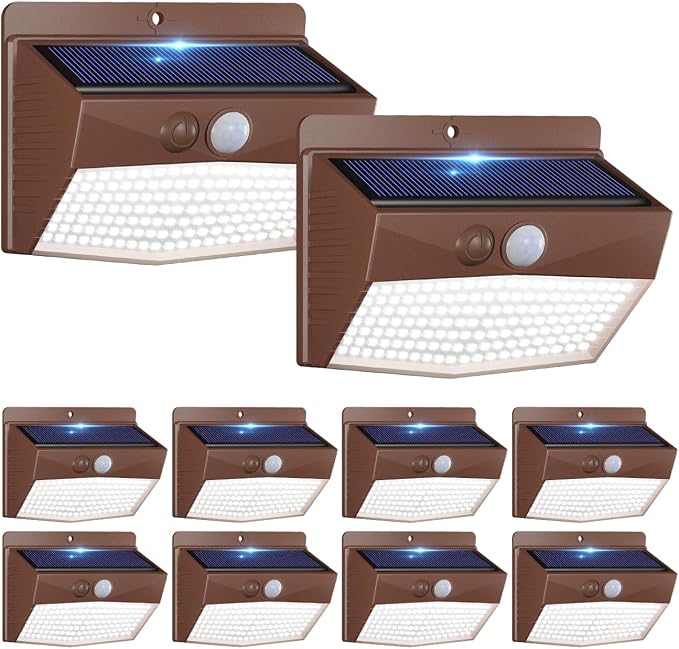 Solar Lights Outdoor Motion Sensor [10 Packs] Security Light with 3 Lighting Modes Wall Lights Waterproof Solar Powered Lights for Garden Fence Yard, Brown