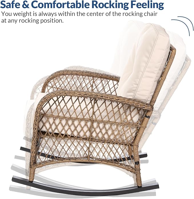 7-Piece Wicker Patio Furniture Sets Outdoor All-Weather Rattan Conversation Set Includes Glider Loveseat, 2 Glass-Top Coffee Tables, 2 Glider-Rocker Chairs for Porch Backyard, Light Brown