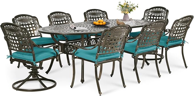 9-Piece Patio Dining Set, Outdoor Patio Table and Chair Set of 84” Oval Cast Aluminum Dining Table with Umbrella Hole, 6 Stationary, 2 Swivel Rocker Chairs, Patio Funiture Set, Blue