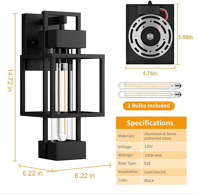 Hotsonic 2 Pack Dusk to Dawn Outdoor Exterior Lighting Fixtures Wall Mount, 15'' Dimmable Porch Lights for Outside, Waterproof Wall Lantern Lamps, Black Sconce Coach Lights for House, Garage