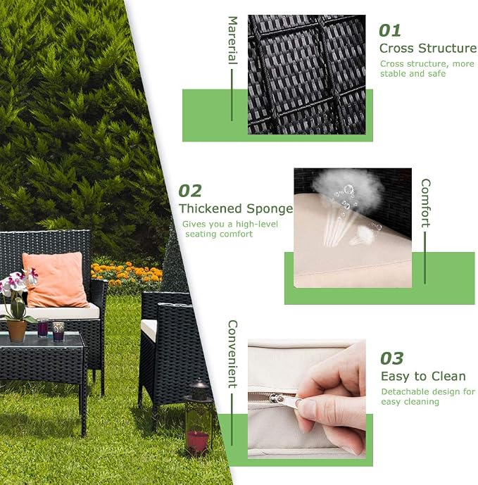 Outdoor 4 Pieces Rattan Chair Sofa Conversation Set Patio Wicker Set with Table Backyard Lawn Porch Garden Poolside Balcony Furniture (Black)