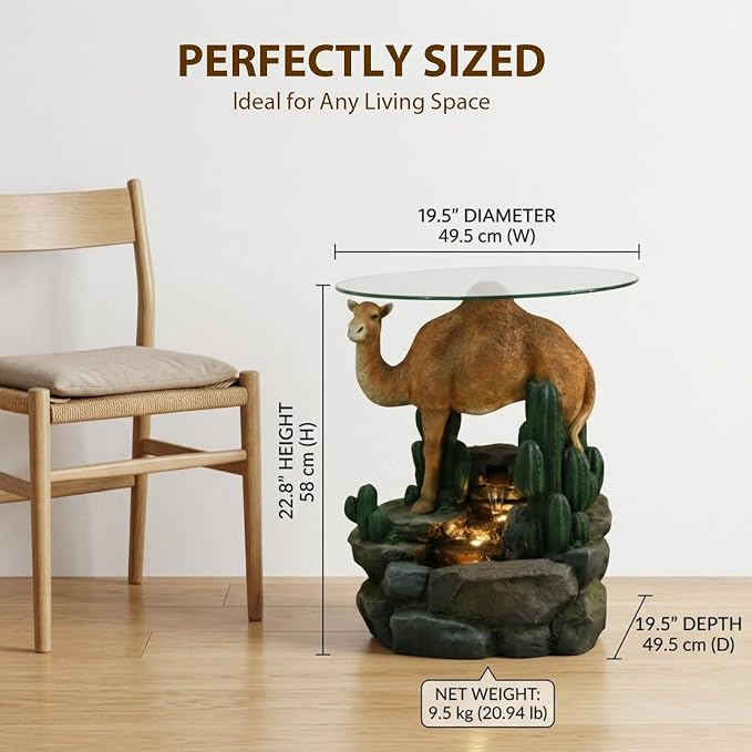 Camel & Cacti Side Table with 4-Tier LED Waterfall Resin Sculpture End Table Glass Top Indoor Outdoor for Patio Garden Living Room