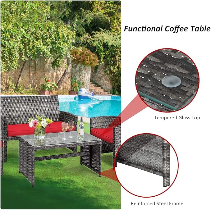 DORTALA 4 Piece Patio Furniture Set, Outdoor Wicker Conversation Set with Soft Cushions & Tempered Glass Coffee Table, Rattan Patio Sofa Bistro Sets for Courtyard Balcony, Red