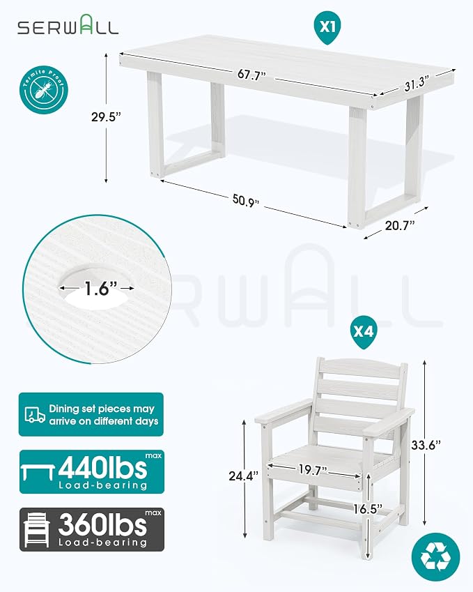 SERWALL HDPE Outdoor Dining Set for 4, 67'' Patio Table and Chairs Set | with Armchair Seat