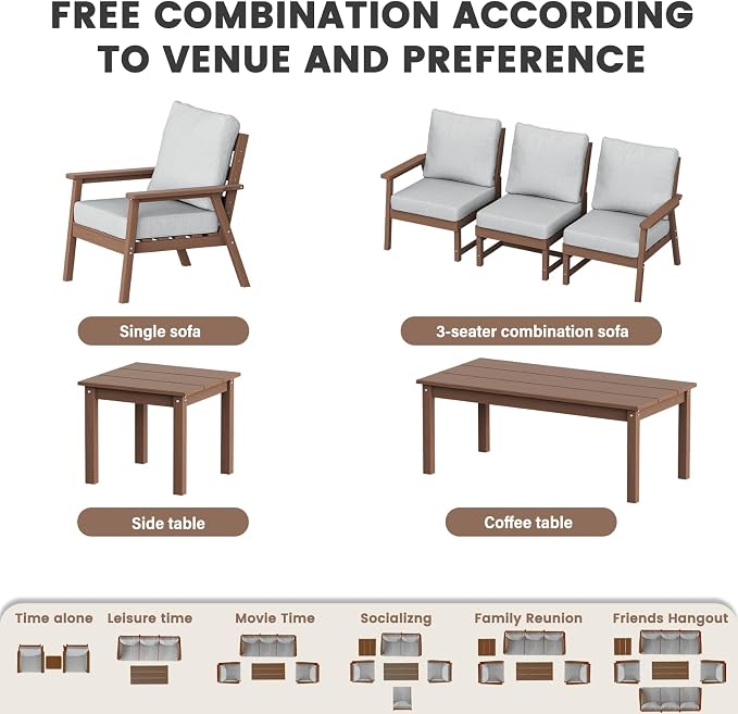 LOUNZY HDPE Patio Furinture Set, 6 Piece Sectional Sofa Outdoor Furniture Set, All Weather Outdoor Couch Set Patio Conversation Set for Deck, Lawn, Brown