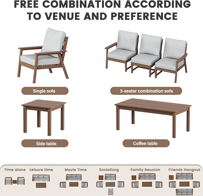 LOUNZY HDPE Patio Furniture Set,10 Pieces Sectional Outdoor Furniture Set, All Weather Outdoor Couch Set Patio Conversation Set for Deck, Lawn, Brown
