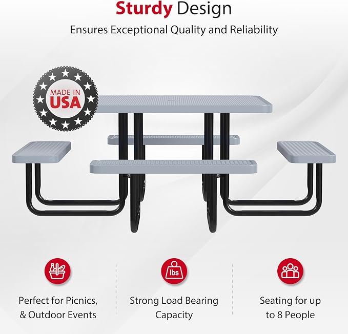 Leisure Craft Metal Picnic Table with Bench - 46" Square Outdoor Dining Table for 8 with Umbrella Hole, Weatherproof Heavy Duty Thermoplastic Coating, Commercial Grade Furniture Made in USA - Gray