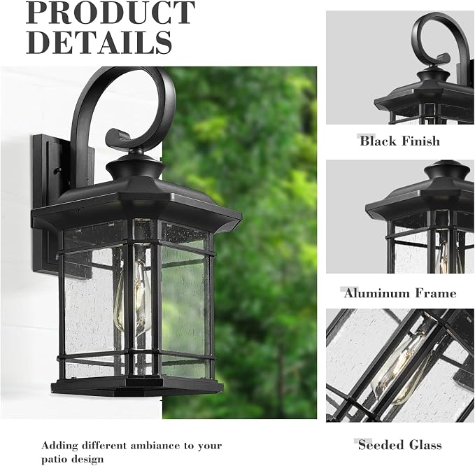 Emliviar Outdoor Wall Lantern Fixture with E26 Base, Large 21.9 Inch Exterior Wall Light with Seeded Glass, Black Finish, 2084B-L BK