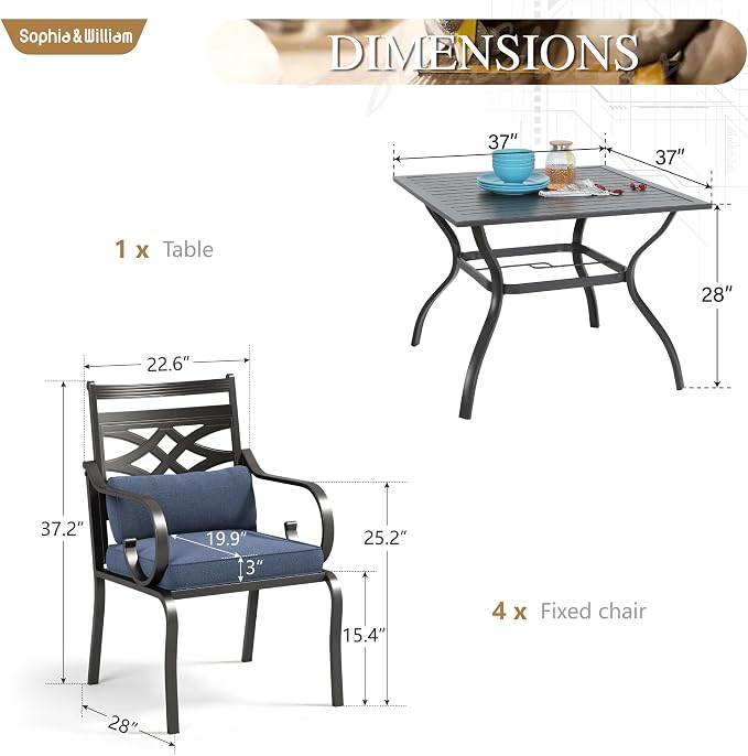 Sophia & William Patio Dining Set, Steel, Black | Umbrella Hole, E-Coated, Cushions Included, For Patio, Garden and Yard