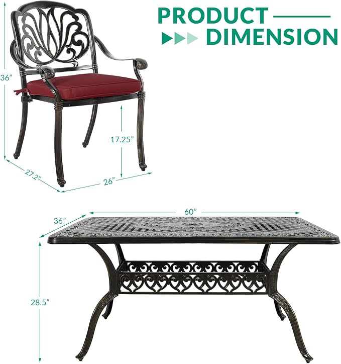 VIVIJASON 7-Piece Outdoor Furniture Dining Set, All-Weather Cast Aluminum Patio Conversation Set, Include 6 Cushioned Chairs and a Rectangle Table with Umbrella Hole for Balcony Backyard, Red Cushion