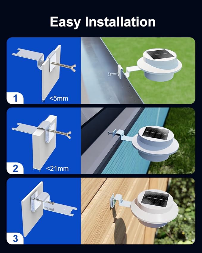 4 Pack White Bright Solar Powered Gutter Mounted Lights Outdoor Waterproof Led Fence Lamp for Lighting Rainspout, Railing, Outside House, Wall, Deck, Porch, Garage, Holeless Installation(Warm White)