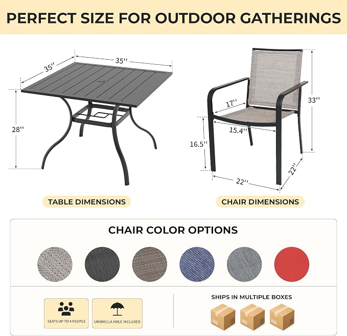 Anmutig 5 Pieces Patio Dining Set, Outdoor Furniture Set Includes 1 Square Patio Table and 4 Stackable Patio Chairs, Outdoor Table and Navy Chairs for Garden Backyard Deck