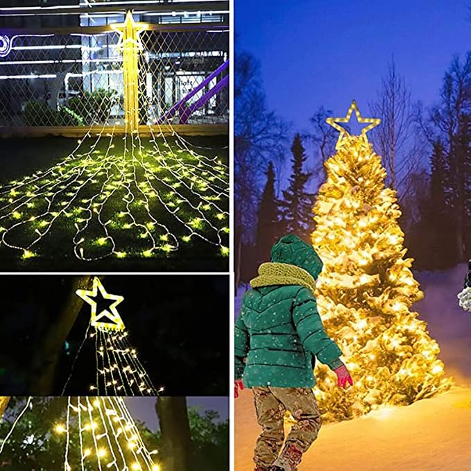 Christmas Decorations, Outdoor Christmas Lights, 320 LED Outdoor Christmas Tree String Lights with 12" Star Toppers [8 Modes& Waterproof] for Xmas New Year Holiday Decor (Warm White)