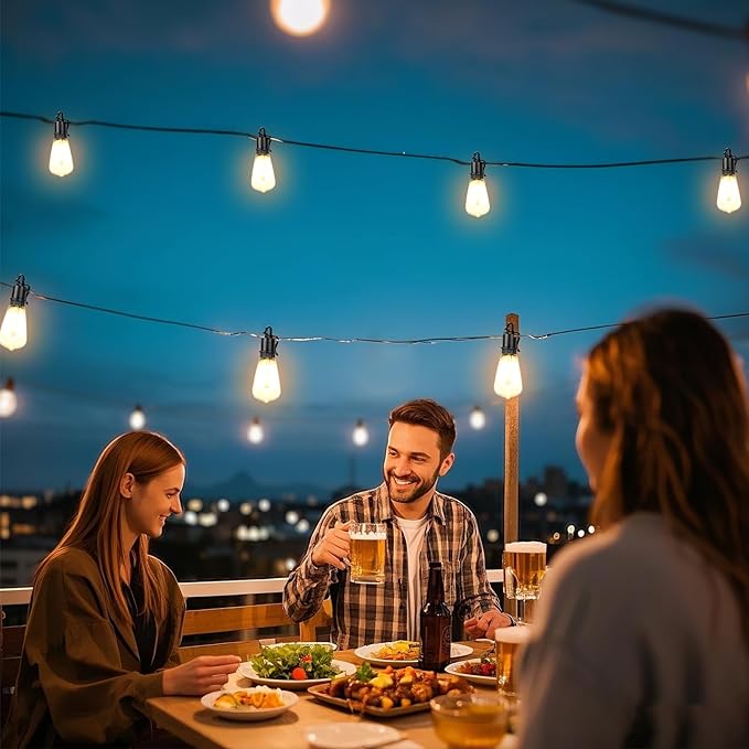 60FT Solar String Lights Outdoor Waterproof with Remote,Shatterproof ST38 20 LED Bulbs,2700K Dimmable Solar Lights Outdoor,Outside Hanging Lights for Patio,Garden,Camping,Deck,Backyard Decor