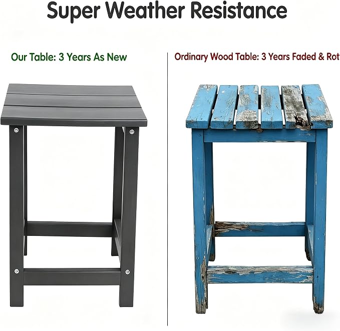 AMILY HDPE Outdoor Square Side Table, All Weather Patio End Table for Adirondack Chair, Heavy Duty Garden Poolside Balcony Table, Easy Assembly (Grey)