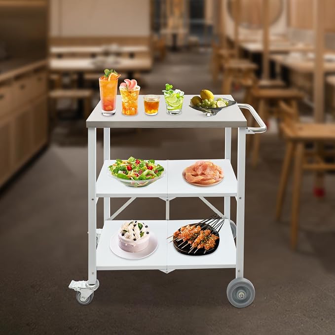 Foldable Outdoor Grill Table with 2 Total Lock Casters, Stainless Steel Pizza Oven Stand, 3 Shelf Folding Kitchen Island, Green, 27.6 x 18.5 (Silver, White, Grey)