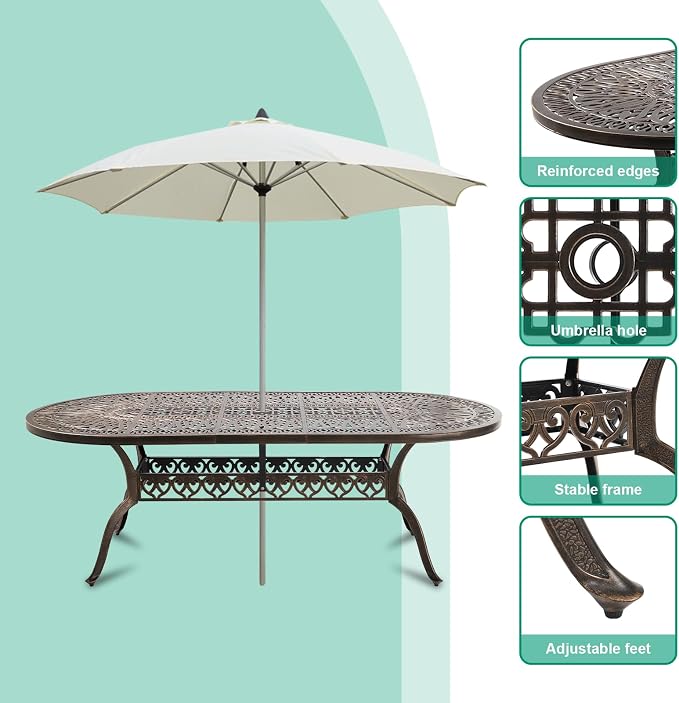 Cast Aluminum Patio Dining Table,Outdoor Dining Table for 8-10,Patio Metal Dining Table with Umbrella Hole for Backyard,Garden,Poolside (1, Oval)