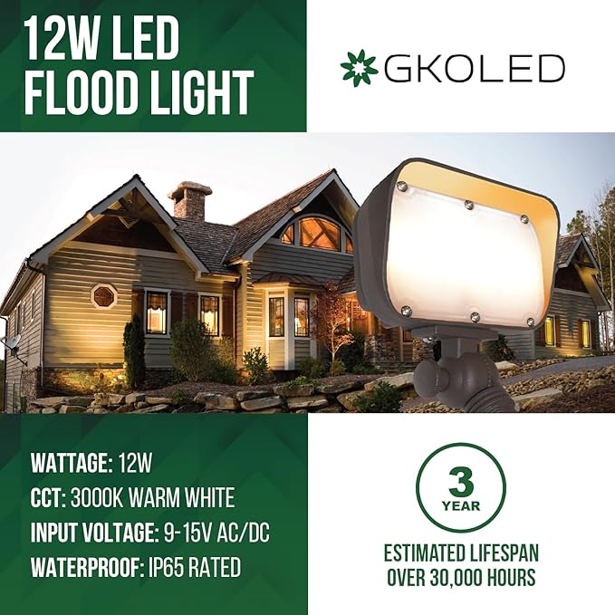 12W LED Flood Lights Outdoor, Aluminum Low Voltage Security Lights, Knuckle Mount Waterproof Wall Light, Landscape Lighting for Yard House Garden Garage, 9-15V, 800 Lumen, 3000K, Brown