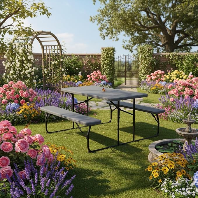 Giantex 4.5 FT Folding Picnic Table Bench Set- Outdoor Dining Set for 4-6 Persons w/All-Weather HDPE Tabletop, Metal Leg, Large Outside Dining Table for Lawn Patio Garden Yard Poolside, Grey
