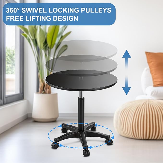 DoubleFill 23.3-31.5 Inches Height Adjustable Outdoor Cocktail Round Tables for Patio with Wheels Adjustable Tall 360°Swivel 23.7'' Round Cocktail Bar Table for Patio Pool Balcony Dining Room Party