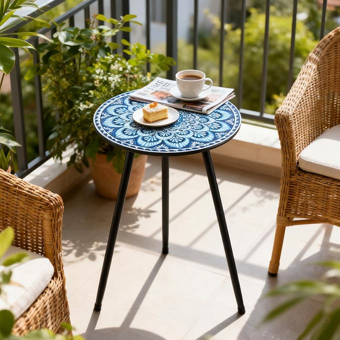 1 Pack Metal Mosaic Round Side Tables 13.4" Small Outdoor Patio Round Accent Coffee Tables Indoor Corner Stand for Small Spaces Weather-Resistant for Balcony, Porch Plant Stands Indoor, Light Blue