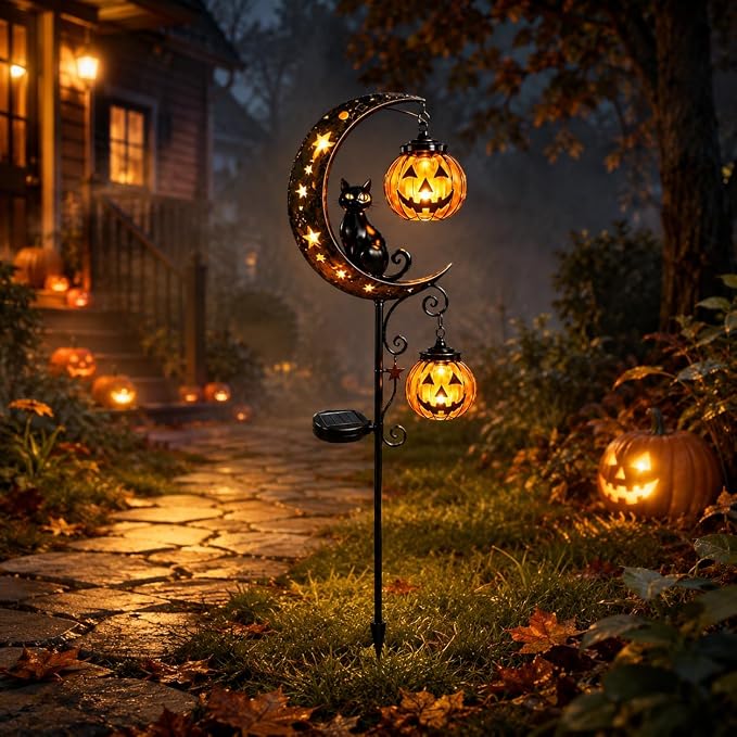 Solar Halloween Black Cat & Pumpkin Moon Garden Stake Light, Outdoor Waterproof LED Yard Decoration with Crescent Moon, Hanging Jack-o'-Lantern Lantern for Garden, Patio, Walkway, Porch(Style C)