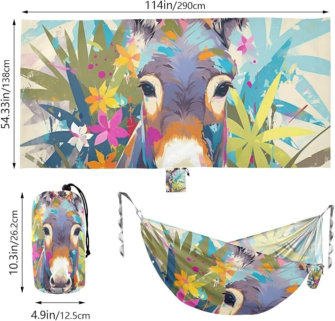 Colorful Donkey Floral Art Outdoor Hammock with Hanging Rope Fabric Hammock for Patio Backyard Lounge Base
